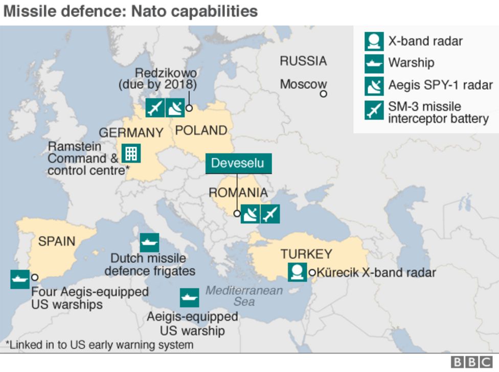 Scudo missilistico NATO Una delle mappe che riportano alcune delle capacità difensive della NATO. Credits: BBC