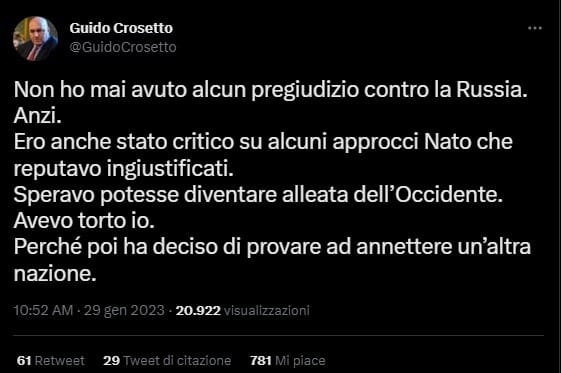 Dmitry Medvedev attacca il ministro italiano Guido Crosetto in un post su telegram. Il vicepresidente del Consiglio di sicurezza della Federazione Russa non risparmia nessuno e questa volta prende in giro il politico italiano definendolo “un raro eccentrico”. Da canto suo, il Ministro italiano risponde con un tweet invitandolo ad impegnarsi nel trovare un modo per cessare le ostilità. 2